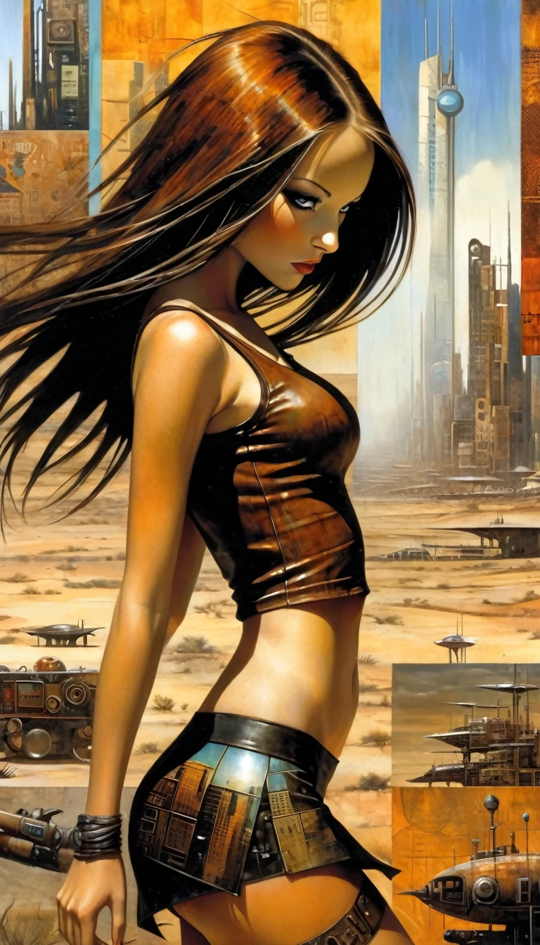 advertising signs in the desert, rusty smooth metal panels with screwed and welded parts, a girl in a leather miniskirt and tight tank top, long hair, pronounced nipples, in the distance you can see a futuristic city (art inspired by Dave Mckean, details intricate, oil painting)

