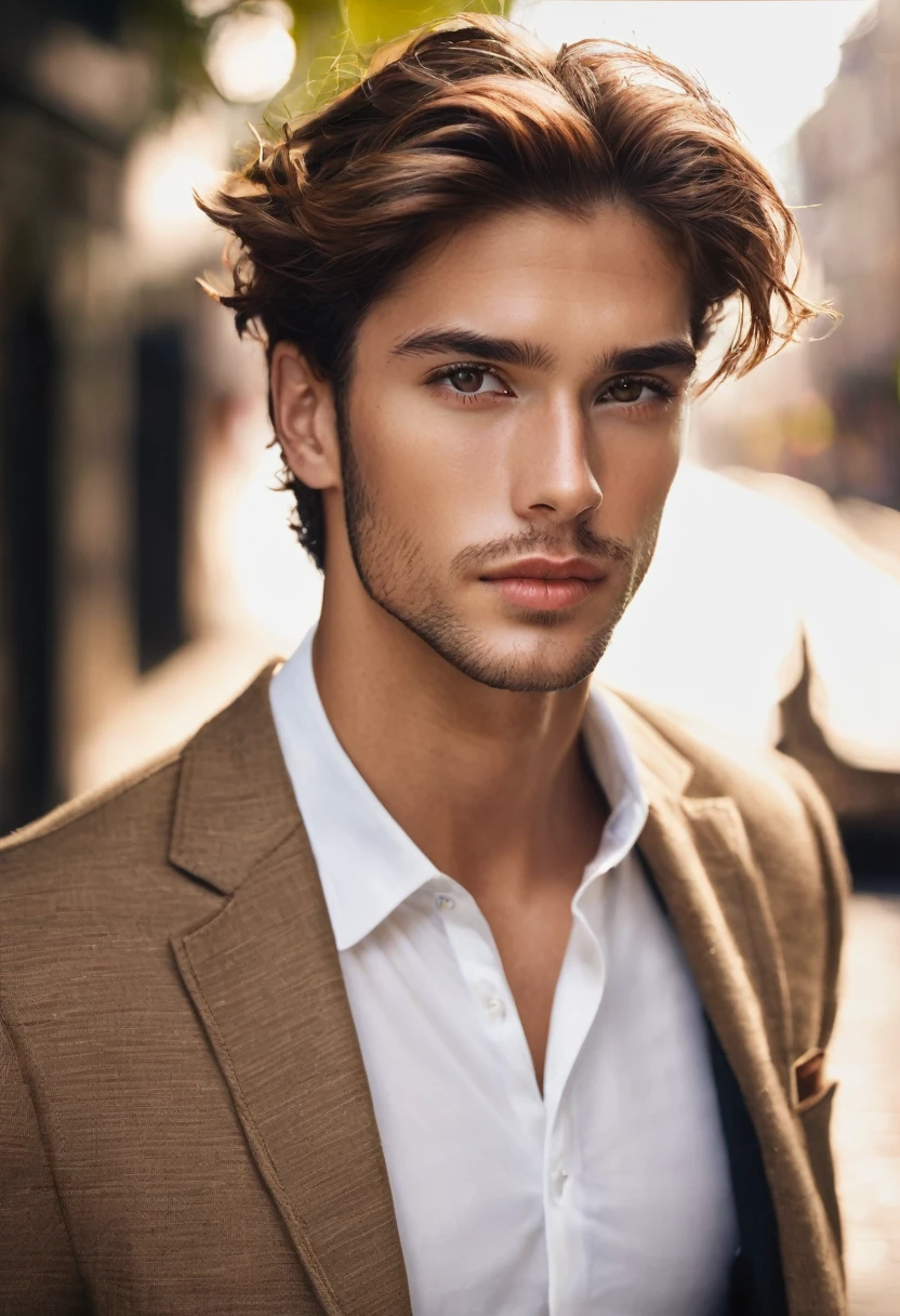 handsome man, chestnut hair, Brown eyes, skin fair, chic 