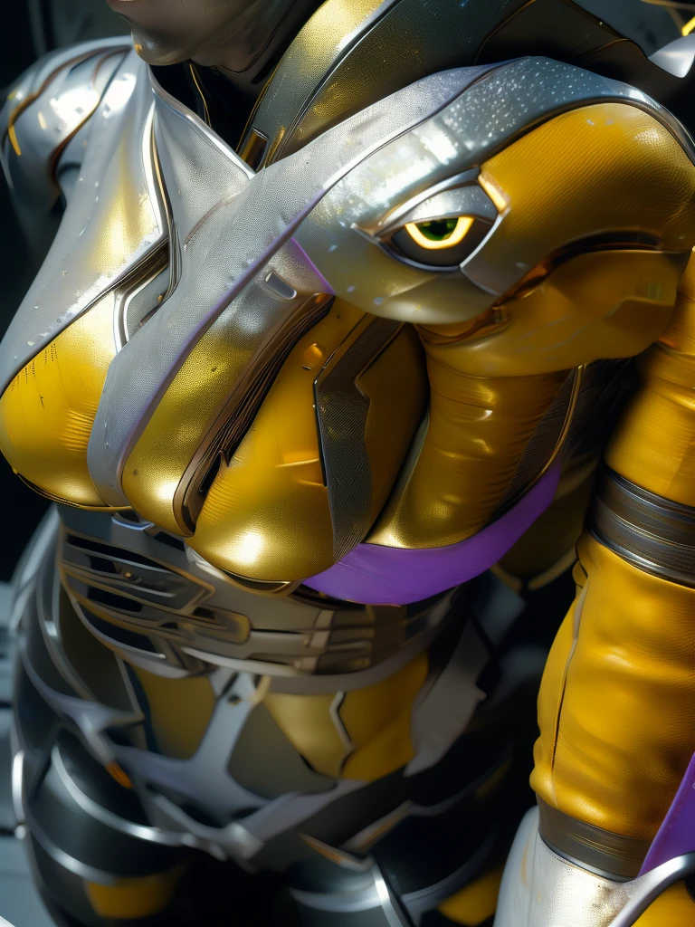 1 girl, solo, (look at viewer), ((Best quality)), ((masterpiece)), (detailed:1.4), ((upper body)), 3D, an image of a beautiful cyberpunk female,HDR (High Dynamic Range), Ray Tracing,NVIDIA RTX,Super-Resolution,Unreal 5,Subsurface scattering,PBR Texturing,Post-processing,Anisotropic Filtering,Depth-of-field,Maximum clarity and sharpness,Multi-layered textures,Albedo and Specular maps,Surface shading,Accurate simulation of light-material interaction,Perfect proportions,Octane Render,Two-tone lighting,Wide aperture,Low ISO,White balance,Rule of thirds,8K RAW, (((yellow eyes))), (((liquid metal black short hair))), PEEBEE, (dark skin:1.2), yellow eyes,,, medium breasts, yellow bodysuit, belt, (( gold/silver amor))