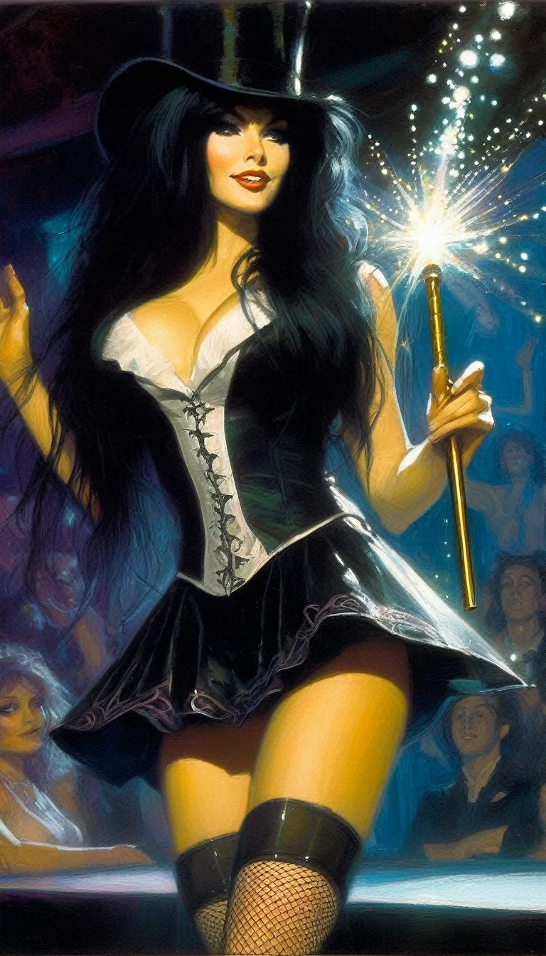 magician girl, long black hair, vest, cleavage, miniskirt with fishnet stockings, magic wand, performs a magic show on a stage for a large audience, dark, magic, fantasy, (art inspired by Bill Sienkiewicz, intricate details, oil painted )
