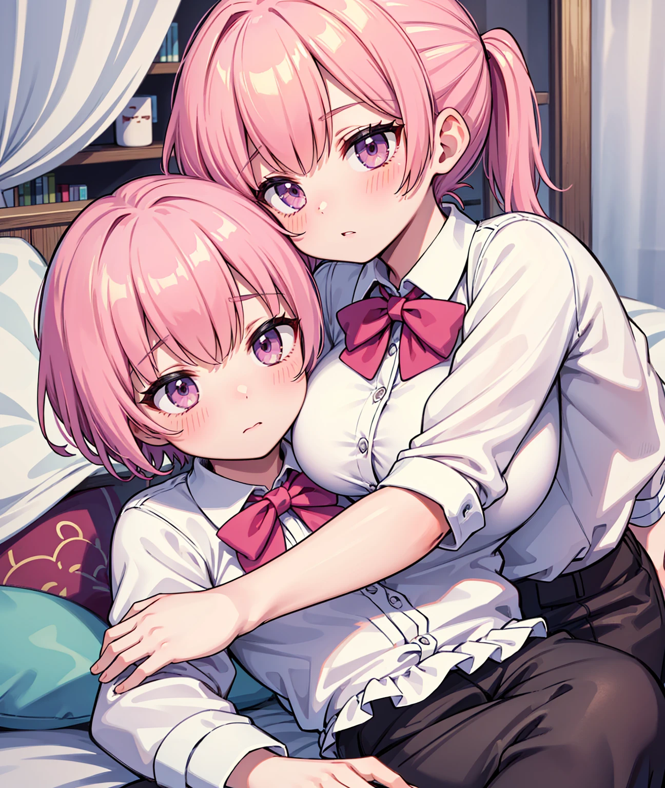masterpiece, Highest quality, so beautiful, absurdists,High resolution,One girl, One boy,Cuddling in bed, like,sexly,Look at each one, blush,Age difference,bow tie,blondes,chest,Long Hair,Pink Hair,Tucked in shirt,short hair,skirt,Tent shirt,Slut,Big breasted sister and brother,Siblings, trousers,Pushing her big tits against her brother,(My brother's small erect penis),((((姉のHUGE breasts,Sister crushes her big tits in her brother's face)))),((((Very large breasts)),small penis,NSFW,潰れた Very large breasts))
