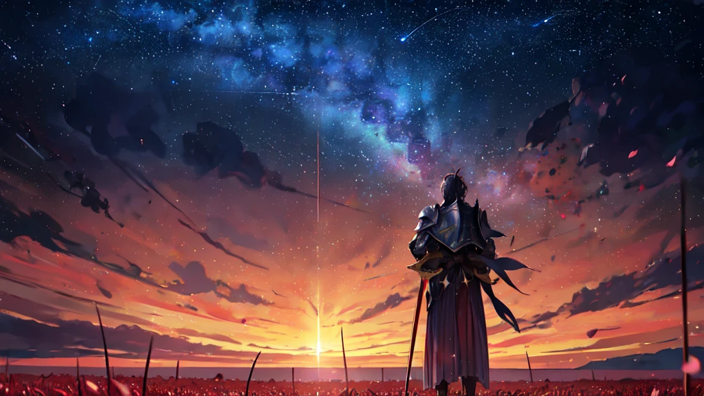 1man, distant man wearing a crusader armour staring at the stars, (zoomed out:1.1), (meteor shower:1.2), (comet:1.1), your name, low angle, from behind, aroura borealis, shooting star, yukata, red armour, cherry blossoms, standing in a field,best quality, masterpiece,  cloud,colorful, starry,stars,