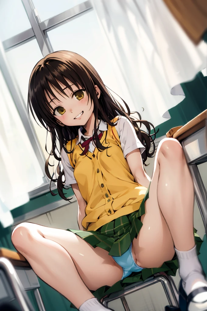 1girl,solo,yuuki mikan,, ,brown hair,, ,1girl,,,small breasts,,classroom,collared shirts,ribbon,,s,looking viewer,grin,panties,pleated skirt,sitting,open legs