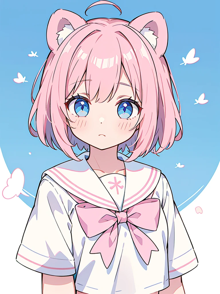 ski style, 1 girl, alone, pink hair, animal ears, blue eyes, wing, looking at the viewer, bangs, short hair, bow, sailor collar, white sailor collar, hair bow, pink bow, closed mouth, shirt, white shirt, bear ears, bob cut, mini wing, portrait, detached wing, compensate, Upper body, background city