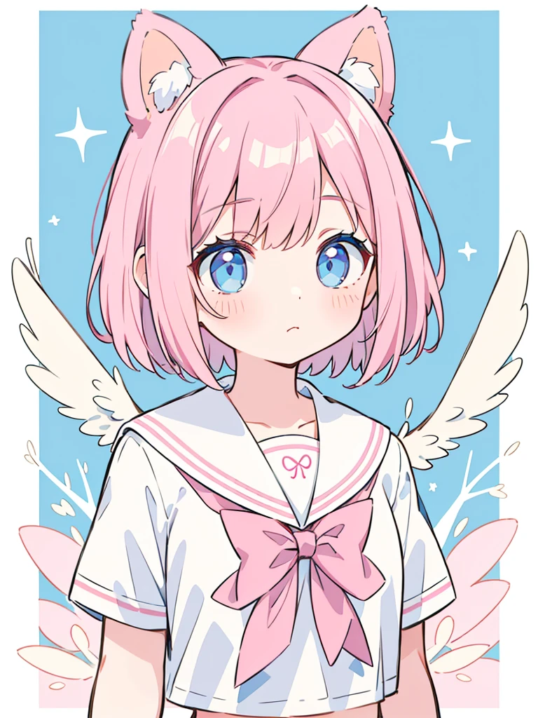 ski style, 1 girl, alone, pink hair, animal ears, blue eyes, wing, looking at the viewer, bangs, short hair, bow, sailor collar, white sailor collar, hair bow, pink bow, closed mouth, shirt, white shirt, bear ears, bob cut, mini wing, portrait, detached wing, compensate, Upper body, background city