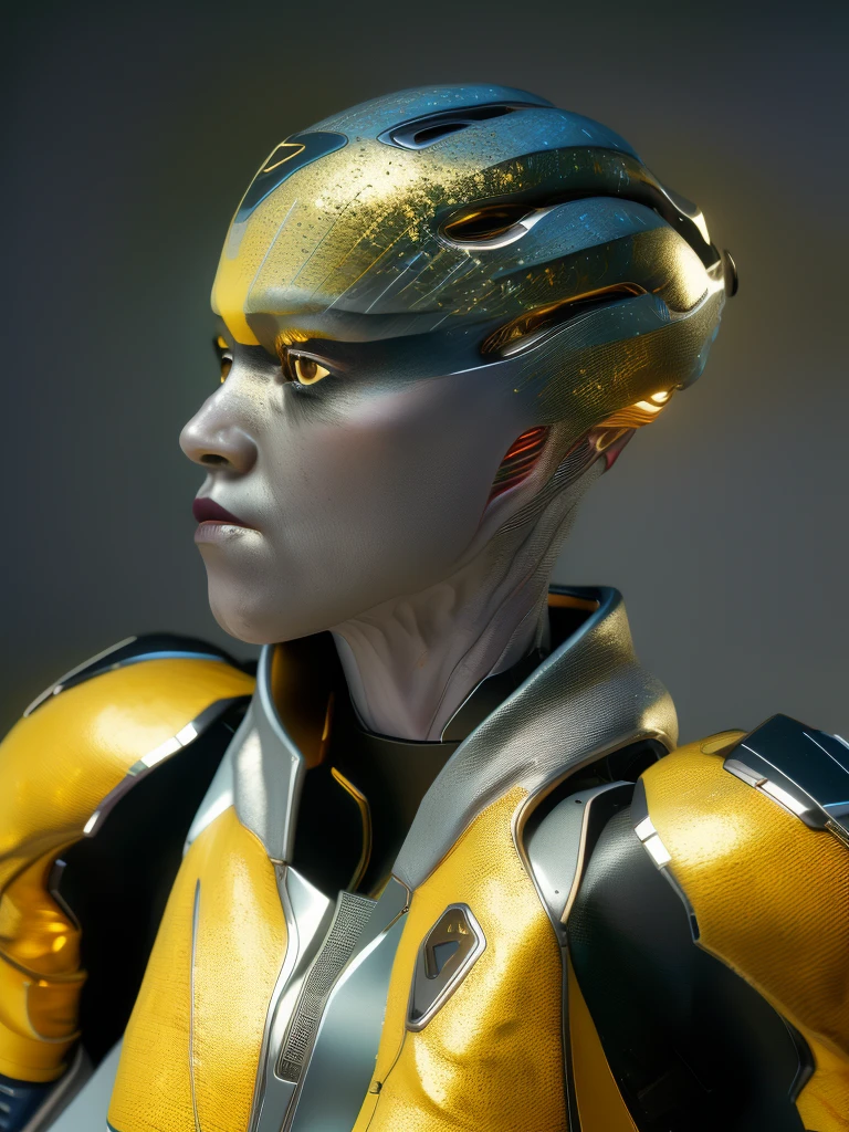 1 girl, solo, (look at viewer), ((Best quality)), ((masterpiece)), (detailed:1.4), ((upper body)), 3D, an image of a beautiful cyberpunk female,HDR (High Dynamic Range), Ray Tracing,NVIDIA RTX,Super-Resolution,Unreal 5,Subsurface scattering,PBR Texturing,Post-processing,Anisotropic Filtering,Depth-of-field,Maximum clarity and sharpness,Multi-layered textures,Albedo and Specular maps,Surface shading,Accurate simulation of light-material interaction,Perfect proportions,Octane Render,Two-tone lighting,Wide aperture,Low ISO,White balance,Rule of thirds,8K RAW, (((yellow eyes))), (((liquid metal black short hair))), PEEBEE, (dark skin:1.2), yellow eyes,,, medium breasts, yellow bodysuit, belt, (( gold/silver amor))
