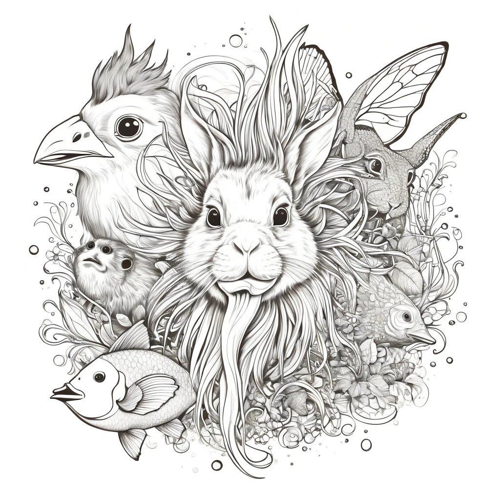 Unique composition that mixes four different types of animals in one with a Rabbit's leg, a Chick's head, a Monkey's mouth, and an Anglerfish's limbs. Animals must be integrated to create a single figure that is visually appealing and suitable for printing on t-shirts. The image should have a high quality, transparent background for overlaying on different fabric colors, and may include a subtle frame of wind and water around the composition or random frames that complement the theme. Use vibrant, contrasting colors, and include stylized elements that highlight the animals' characteristics.