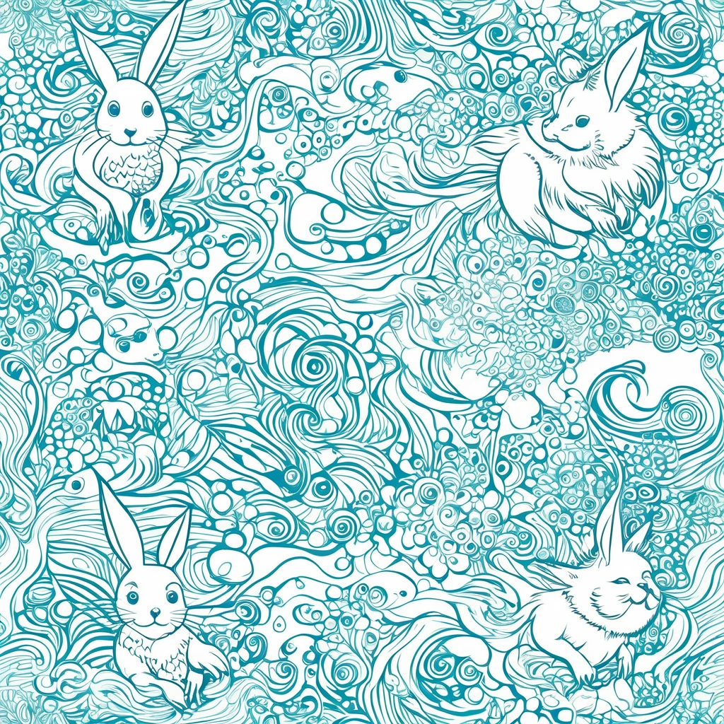 Unique composition that mixes four different types of animals in one with a Rabbit's leg, a Chick's head, a Monkey's mouth, and an Anglerfish's limbs. Animals must be integrated to create a single figure that is visually appealing and suitable for printing on t-shirts. The image should have a high quality, transparent background for overlaying on different fabric colors, and may include a subtle frame of wind and water around the composition or random frames that complement the theme. Use vibrant, contrasting colors, and include stylized elements that highlight the animals' characteristics.