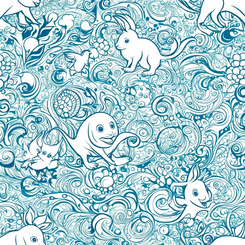 Unique composition that mixes four different types of animals in one with a Rabbit's leg, a Chick's head, a Monkey's mouth, and an Anglerfish's limbs. Animals must be integrated to create a single figure that is visually appealing and suitable for printing on t-shirts. The image should have a high quality, transparent background for overlaying on different fabric colors, and may include a subtle frame of wind and water around the composition or random frames that complement the theme. Use vibrant, contrasting colors, and include stylized elements that highlight the animals' characteristics.