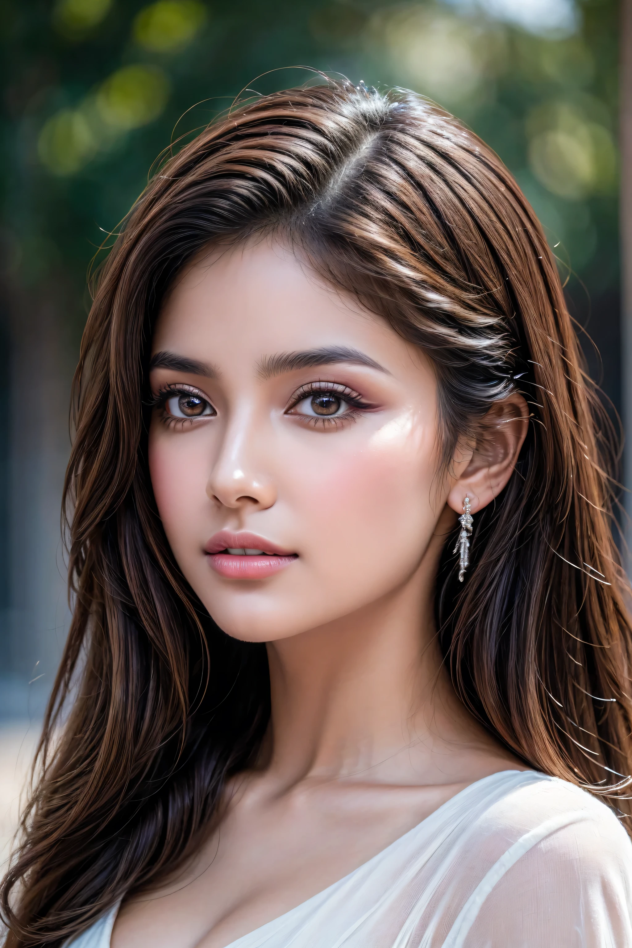 (absurd quality,16k,highres,masterpiece:1.2), ultra details,UHD,(photorealistic Realism 16K Quality), A breathtakingly beautiful 18-year-old girl named Anikha, who is the epitome of elegance and charm. She stands out as the central focus of this ultra-detailed, 8K resolution masterpiece with a perfect score of 9 and a UHD rating of 1.3. Her delicate facial features are captured with a stunning realism that's amplified by a majestic score of 1.5, making her appear as if she's stepped out of a high-definition dream. Her skin glows with a soft blush, perfectly accentuating her detailed, natural beauty. (the most absurd quality perfect eyes), (super beautiful cute sharp-face), (light pale complexion), (clear no blur and sharp perfect round realistic brown_eyes:1.35), finely detailed pupils, detailed lips:1.3, reflecting the cinematic lighting that surrounds her. They are so realistic and sharp that they seem to hold secrets of the universe within them. Her long shining hair are adorned with a hair ornament that adds an extra touch of elegance to her already flawless look. The background, a canvas of blurred perfection with a score of 1.7 for background blur, showcases an intricate design that complements the overall aesthetic without overwhelming the main subject.