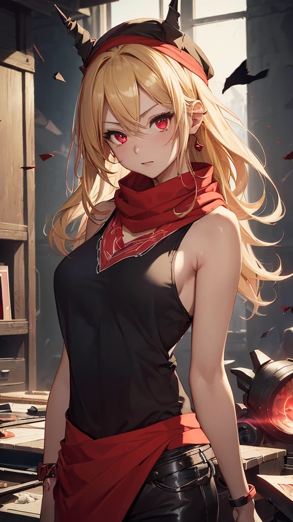 最high quality、Best image quality、masterpiece、girl((Age 25、 By becoming、Best Bust、Medium Bust,Wide open breast tea、Red glowing eyes,Blonde、Red Mesh、Disheveled Hair、Lointail、thin,The highest valley、Open chest、Luminous Wristbands、hair ornaments、Show the whole body,Black tank top、Red Bandana、 pantuscular、revolver、scar、 Cap)),high quality、Beautiful art、background((Photography room))、Flight、Flying debris、Written boundary depth、movie、Visual Arts、Perfect art、8K,Genuine,