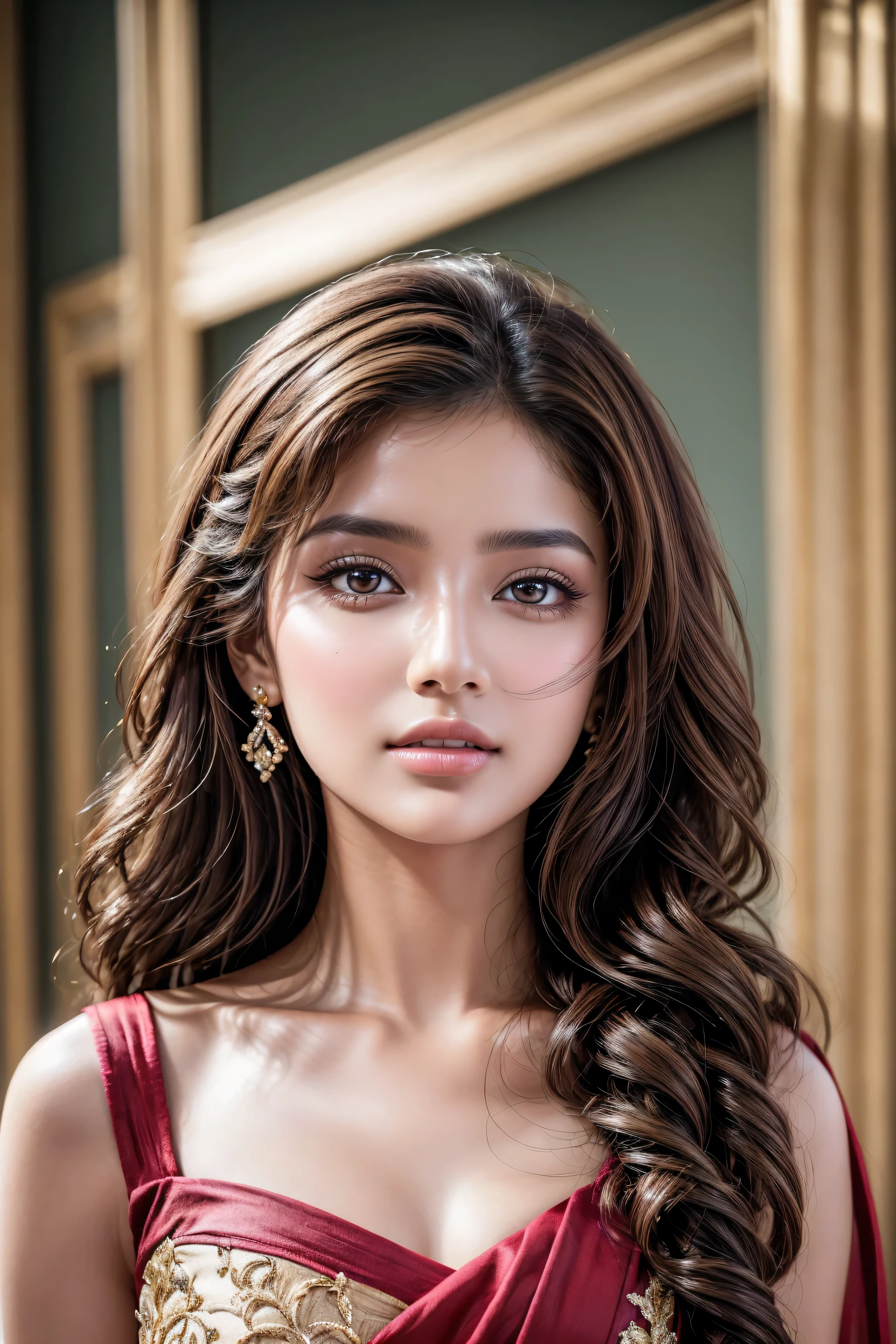 (absurd quality,16k,highres,masterpiece:1.2), ultra details,UHD,(photorealistic Realism 16K Quality), A breathtakingly beautiful 18-year-old girl named Anikha, who is the epitome of elegance and charm. She stands out as the central focus of this ultra-detailed, 8K resolution masterpiece with a perfect score of 9 and a UHD rating of 1.3. Her delicate facial features are captured with a stunning realism that's amplified by a majestic score of 1.5, making her appear as if she's stepped out of a high-definition dream. Her skin glows with a soft blush, perfectly accentuating her detailed, natural beauty. (the most absurd quality perfect eyes), (super beautiful cute sharp-face), ((clear no blur and sharp perfect round realistic brown_eyes:1.31)), finely detailed pupils, detailed lips:1.3, reflecting the cinematic lighting that surrounds her. They are so realistic and sharp that they seem to hold secrets of the universe within them. Her long shining hair are adorned with a hair ornament that adds an extra touch of elegance to her already flawless look. The background, a canvas of blurred perfection with a score of 1.7 for background blur, showcases an intricate design that complements the overall aesthetic without overwhelming the main subject.