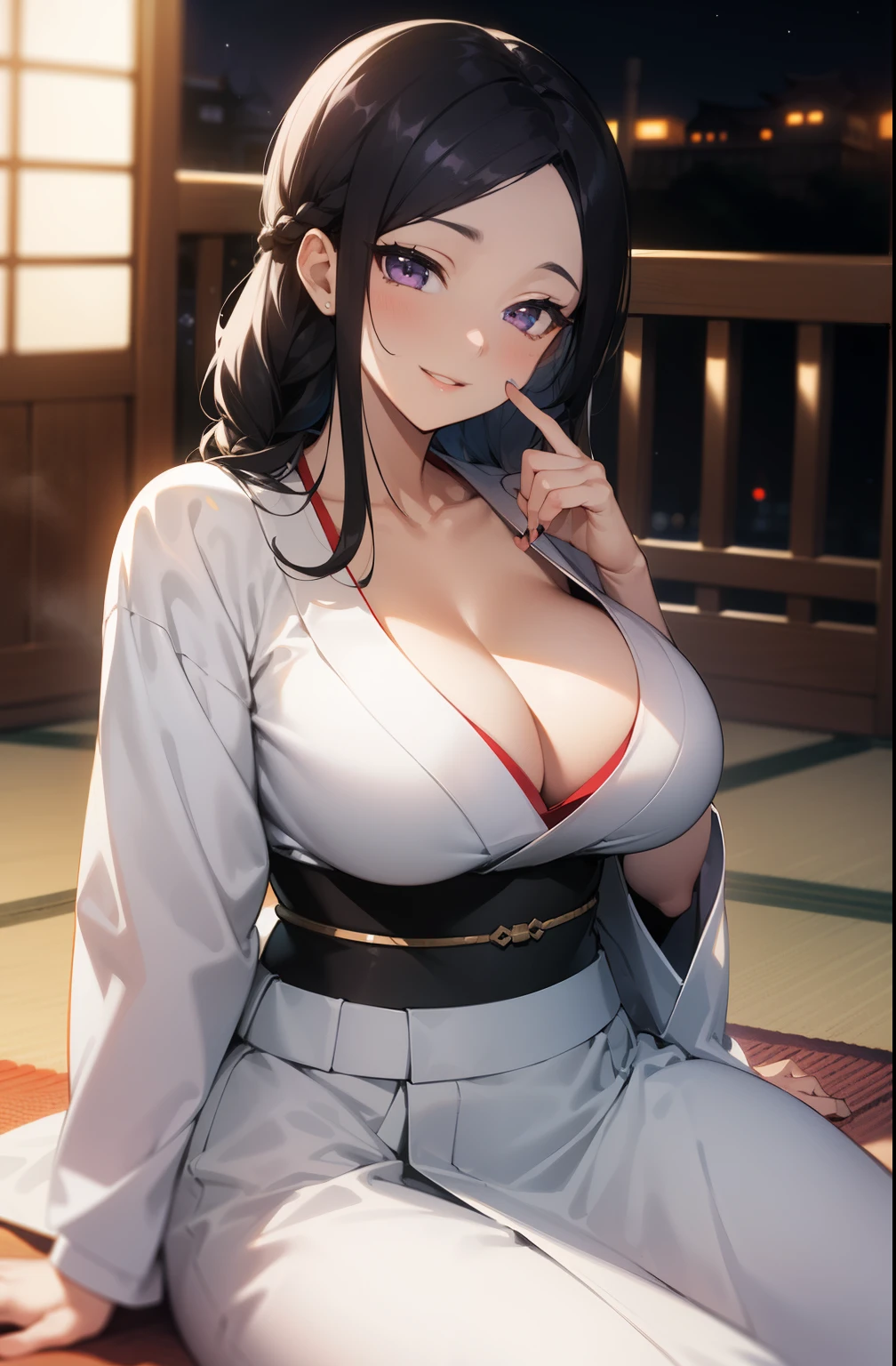 (Night:1.7), east asian architecture, 
sitting at attention,sitting on Tatami,
White_kimono,
black_hair, long_hair, hair_pulled_back,parted_lips,purple_eyes, braid,
1 girl, Manga,20yo,mature female,Beautiful Finger,Beautiful long legs,Beautiful body,Beautiful Nose,Beautiful character design, perfect eyes, perfect face,
looking at viewer,(innocent_big_eyes:1.0),(Light_smile:1.0),
official art,extremely detailed CG unity 8k wallpaper, perfect lighting,Colorful, Bright_Front_face_Lighting,
(masterpiece:1.0),(best_quality:1.0), ultra high res,4K,ultra-detailed,
photography, 8K, HDR, highres, absurdres:1.2, Kodak portra 400, film grain, blurry background, bokeh:1.2, lens flare, (vibrant_color:1.2)
(Beautiful,large_Breasts:1.4), (beautiful_face:1.5),(narrow_waist),