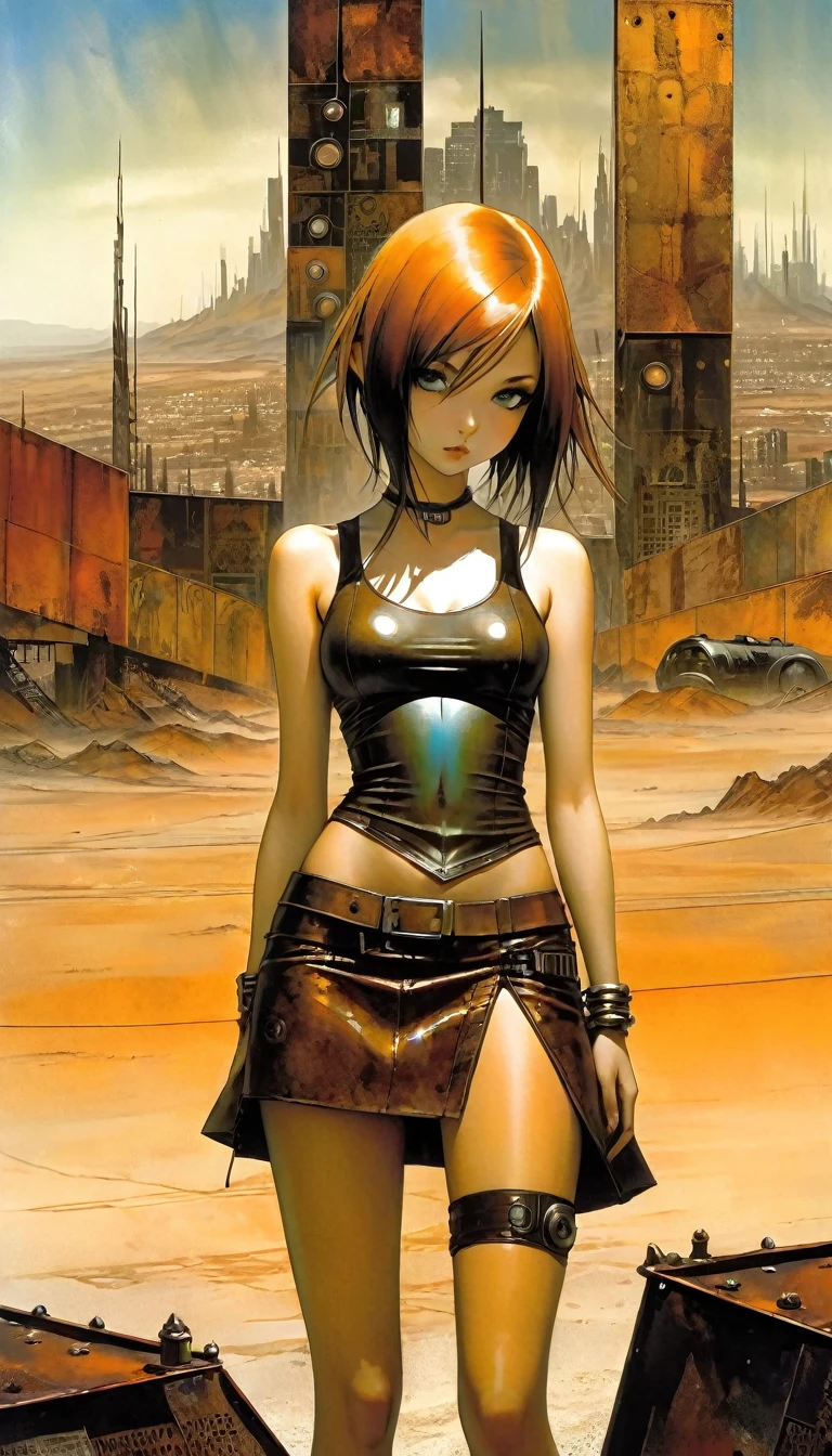 advertising signs in the desert, rusty smooth metal panels with screwed and welded parts, a girl in a leather miniskirt and tight tank top, pronounced nipples, in the distance you can see a futuristic city (art inspired by Dave Mckean, details intricate, oil painting)