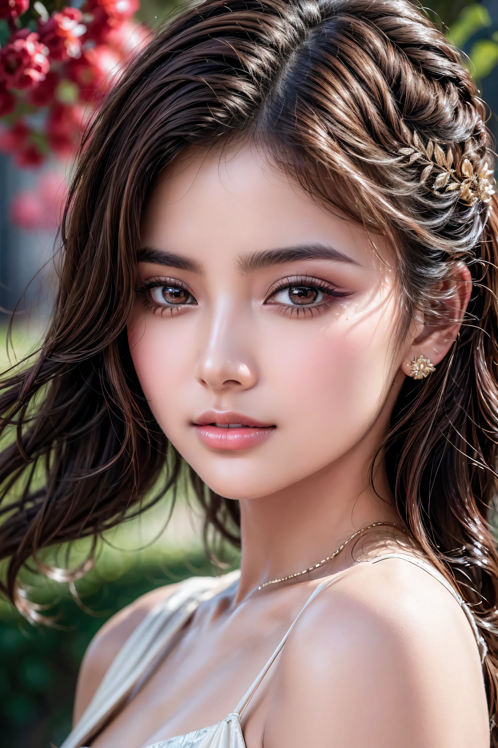 (absurd quality,16k,highres,masterpiece:1.2), ultra details,UHD,(photorealistic Realism 16K Quality), A breathtakingly beautiful 18-year-old girl named Anikha, who is the epitome of elegance and charm. She stands out as the central focus of this ultra-detailed, 8K resolution masterpiece with a perfect score of 9 and a UHD rating of 1.3. Her delicate facial features are captured with a stunning realism that's amplified by a majestic score of 1.5, making her appear as if she's stepped out of a high-definition dream. Her skin glows with a soft blush, perfectly accentuating her detailed, natural beauty. (the most absurd quality perfect eyes), (super beautiful cute sharp-face), ((clear no blur and sharp perfect round realistic brown_eyes:1.31)), finely detailed pupils, detailed lips:1.3, reflecting the cinematic lighting that surrounds her. They are so realistic and sharp that they seem to hold secrets of the universe within them. Her long shining hair are adorned with a hair ornament that adds an extra touch of elegance to her already flawless look. The background, a canvas of blurred perfection with a score of 1.7 for background blur, showcases an intricate design that complements the overall aesthetic without overwhelming the main subject.