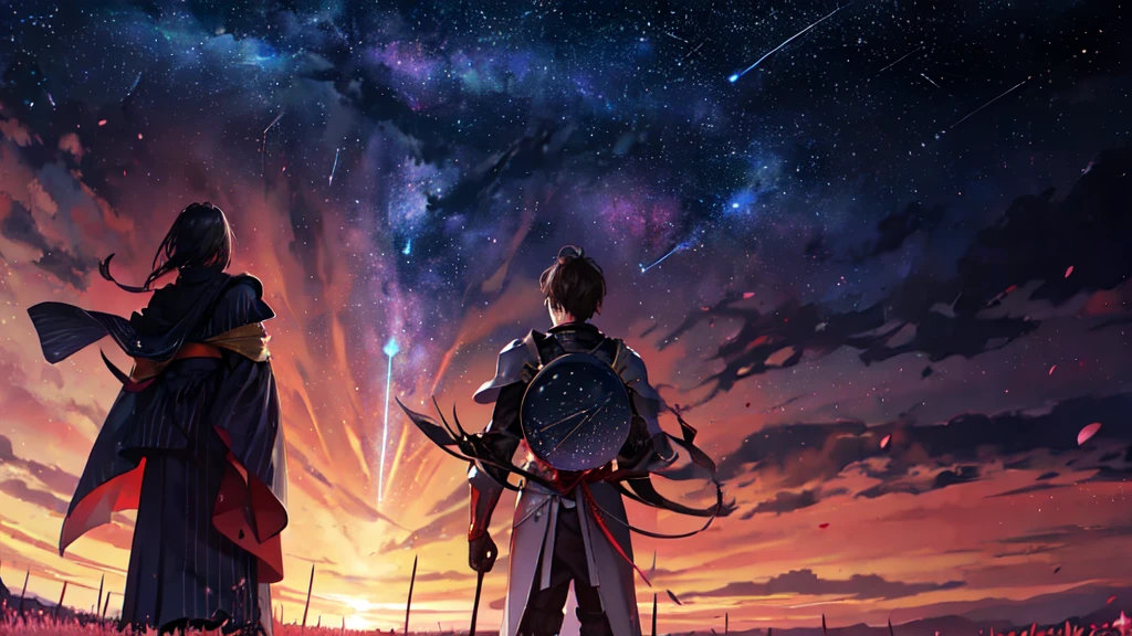 1man, distant man wearing a crusader armour staring at the stars, (zoomed out:1.1), (meteor shower:1.2), (comet:1.1), your name, low angle, from behind, aroura borealis, shooting star, yukata, red armour, cherry blossoms, standing in a field,best quality, masterpiece, cloud,colorful, starry,stars,
