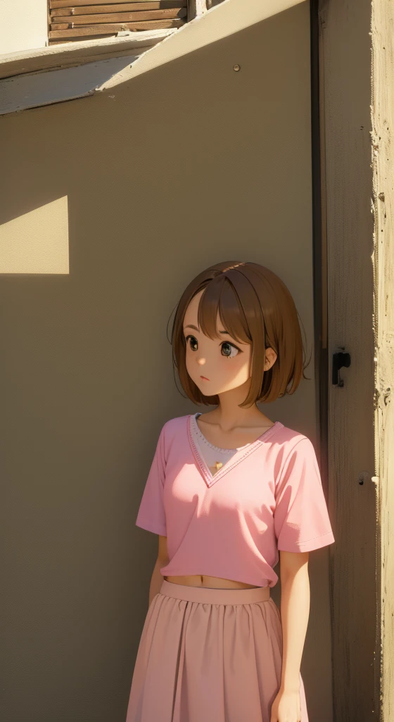 1girl, ​masterpiece, top-quality, top-quality, High Details, Twin-yellow hairpin, brown hair, brown eyes, pink tee, short slevved tee'  yellow skirt, white skirt, short hair, daytime, outdoors, smling, HDR, (((up chest))).