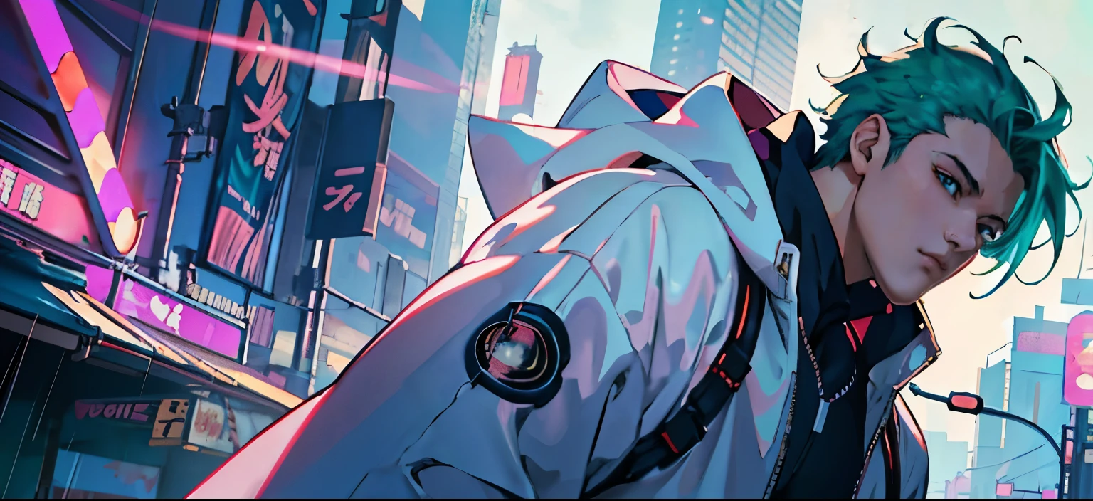 anime girl character in a raincoat, Abstraction on the background, cities, 1 man, adult, cute, tall muscular guy, broad shoulders, Detailed eyes and face, overflowing magic, Green light, (masterpiece, Side light, Lovely beautiful eyes: 1.2), HDR, Digital Cyberpunk Anime Art, ross tran 8 k,