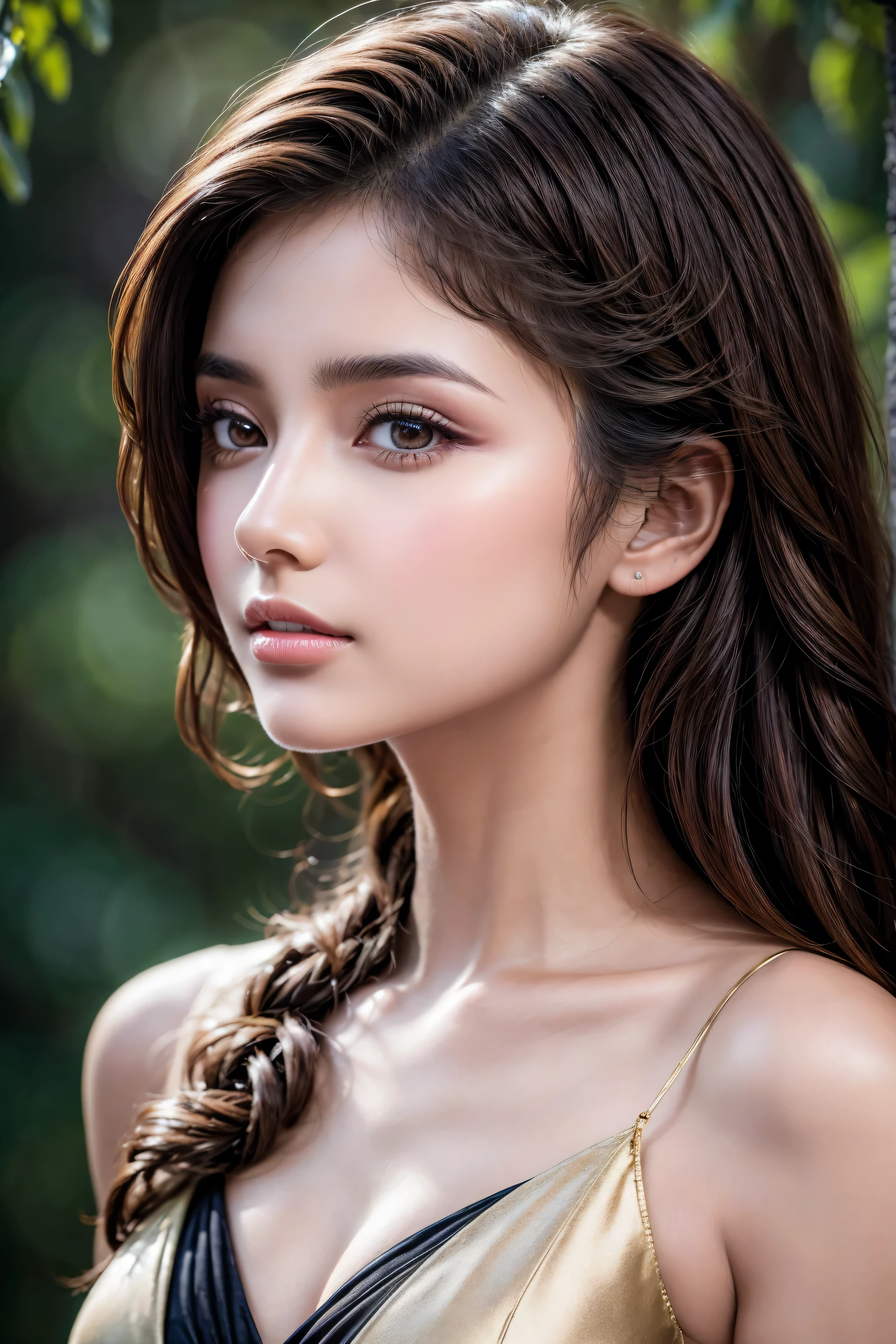 (absurd quality,16k,highres,masterpiece:1.2), ultra details,UHD,(photorealistic Realism 16K Quality), A breathtakingly beautiful 18-year-old girl named Anikha, who is the epitome of elegance and charm. She stands out as the central focus of this ultra-detailed, 8K resolution masterpiece with a perfect score of 9 and a UHD rating of 1.3. Her delicate facial features are captured with a stunning realism that's amplified by a majestic score of 1.5, making her appear as if she's stepped out of a high-definition dream. Her skin glows with a soft blush, perfectly accentuating her detailed, natural beauty. (the most absurd quality perfect eyes), (super beautiful cute sharp-face), (light pale complexion), (clear no blur and sharp perfect round realistic brown_eyes:1.35), finely detailed pupils, detailed lips:1.3, Her eyes, a rich brown, are filled with a blissful vibe, reflecting the cinematic lighting that surrounds her. They are so realistic and sharp that they seem to hold secrets of the universe within them. Her long shining hair are adorned with a hair ornament that adds an extra touch of elegance to her already flawless look. The background, a canvas of blurred perfection with a score of 1.7 for background blur, showcases an intricate design that complements the overall aesthetic without overwhelming the main subject.