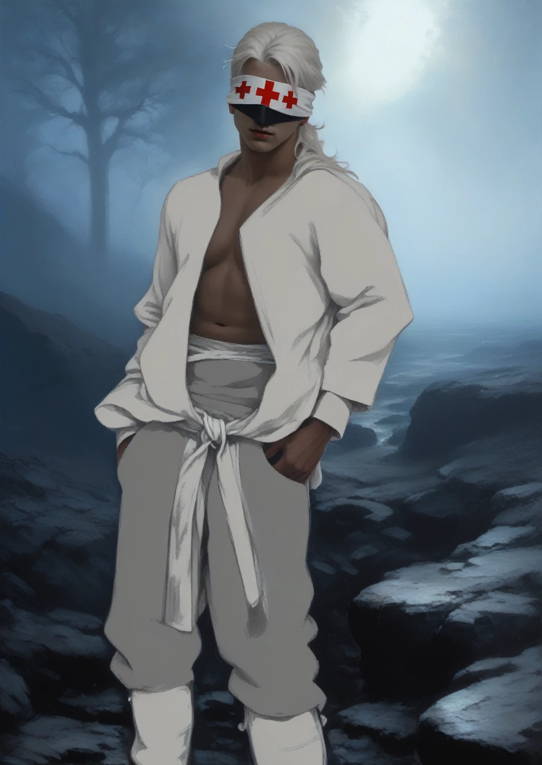 a man with a white blindfolded with a red cross on it wrapped on his eyes,short white hair wearing a white robe and wearing a giant black belt with a white cross on it, with a white large sweatpants and white leather boots