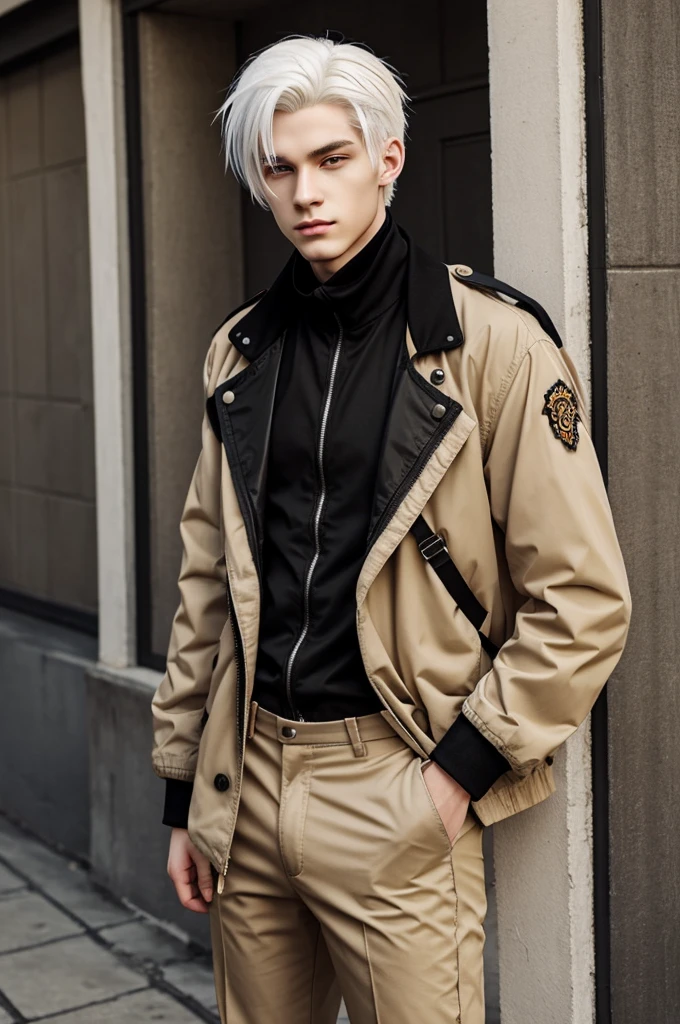 Guy 20 years old with white hair, dressed in a black jacket and beige pants with suspenders. Pale skin, orange and snake-like eyes. anime style + fantasies