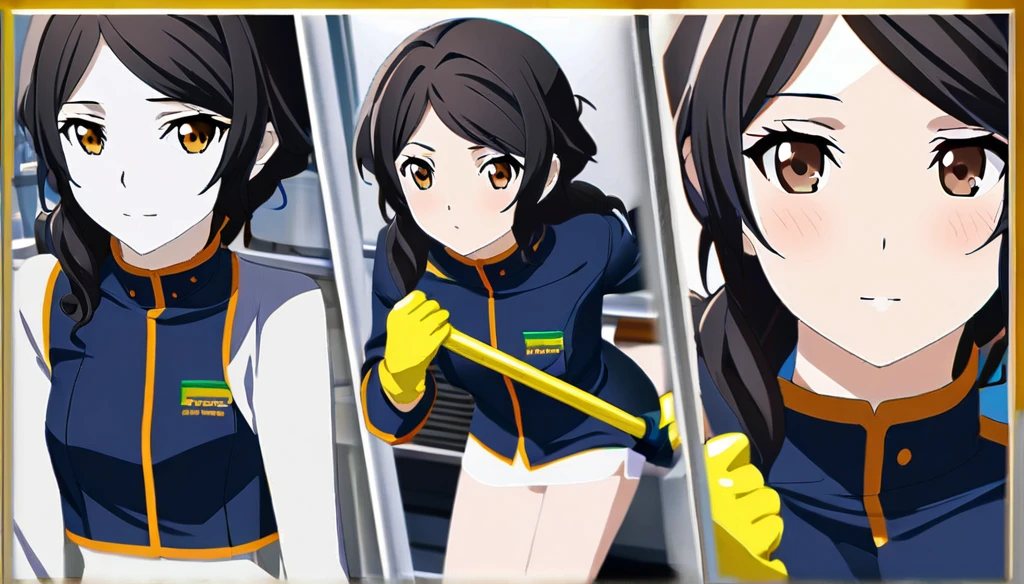 (Anime Infinite Stratus Art, 8k, ultra full high definition, epic quality, epic texture). The theme is hospital hygiene. The setting is a hospital room, very detailed. There is a woman, Brazilian, her name is Regina, she is 51 years old, very short estature(150cm), she has very long black hair, she has a beautiful face, some expression lines due to her age, light brown eyes, white skin, very thin, narrow chest, small breasts, very thin waist, narrow hips, small and round butt, slender legs, she works with hygiene, wears a very tight full navy blue sanitation uniform, she wears long yellow rubber gloves, she holds a broom, she is wearing black hygiene boots, she is sensual and cheerful, she leaves men enchanted. the atmosphere is calm and sensual.