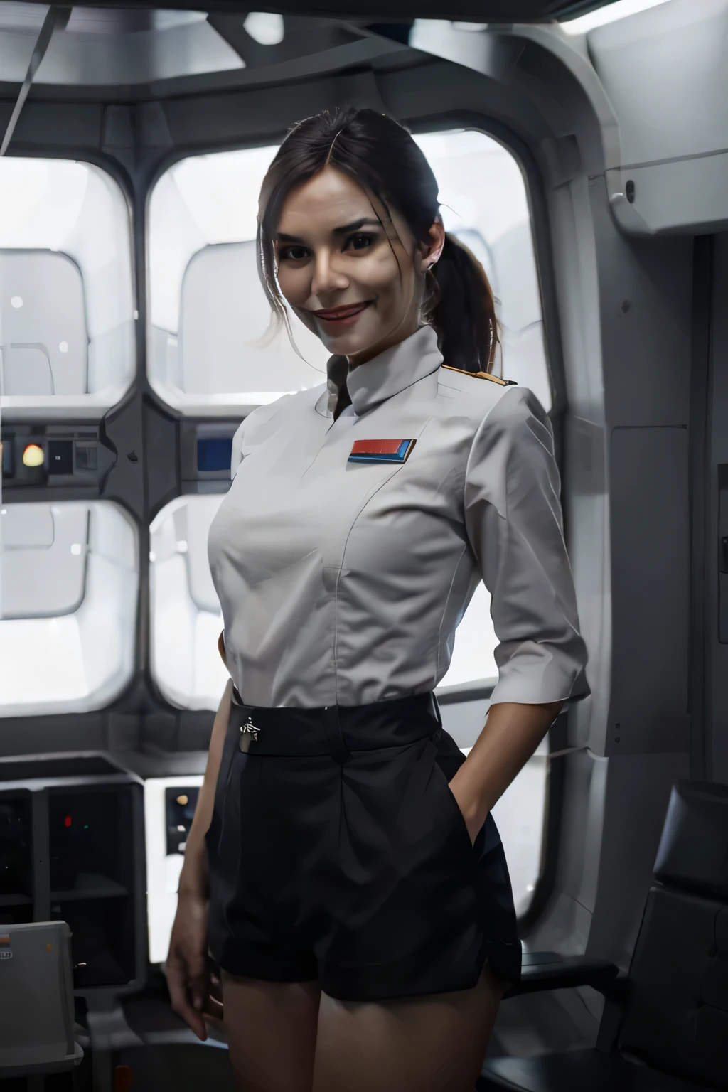 Victoria justice, high quality, half body character portrait, 1 girl, Beautiful, adult, athletic body, curves, ponytail dark brown hair, wear shorts, Imperial officer uniform in spaceship laboratory., restore face, smile emotion
 