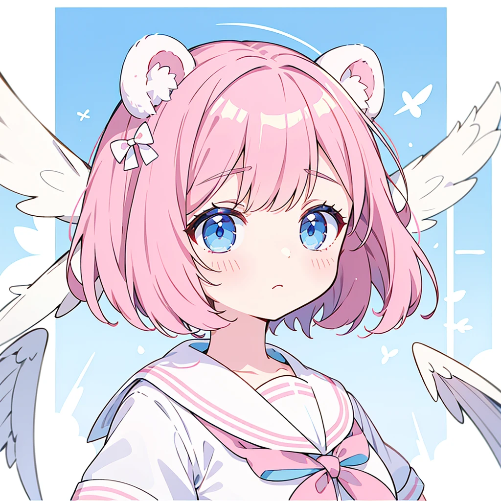 ski style, 1 girl, alone, pink hair, animal ears, blue eyes, wing, looking at the viewer, bangs, short hair, bow, sailor collar, white sailor collar, hair bow, pink bow, closed mouth, shirt, white shirt, bear ears, bob cut, mini wing, portrait, detached wing, compensate, Upper body, background city
