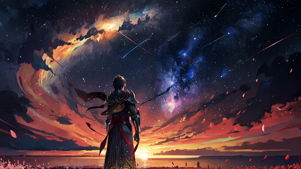 1man, distant man wearing a crusader armour staring at the stars, (zoomed out:1.1), (meteor shower:1.2), (comet:1.1), your name, low angle, from behind, aroura borealis, shooting star, yukata, red armour, cherry blossoms, standing in a field,best quality, masterpiece,  cloud,colorful, starry,stars,