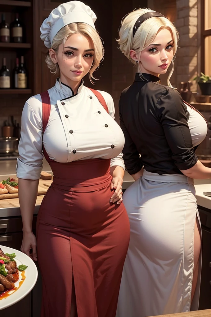 A wide high-definition scene in a kitchen of a large restaurant with a beautiful Arabic-style oriental woman with a slightly hooked nose, very dark and tanned, with a huge ass, Chef, restaurant owner and famous sommelier happy preparing your special dishes with wonderful red wines, wearing her chef uniform on her perfect body in her 50s with giant breasts and very short white hair in a beautiful smile while working intensely alongside a very young, muscular and handsome Brazilian assistant chef who is much younger than her