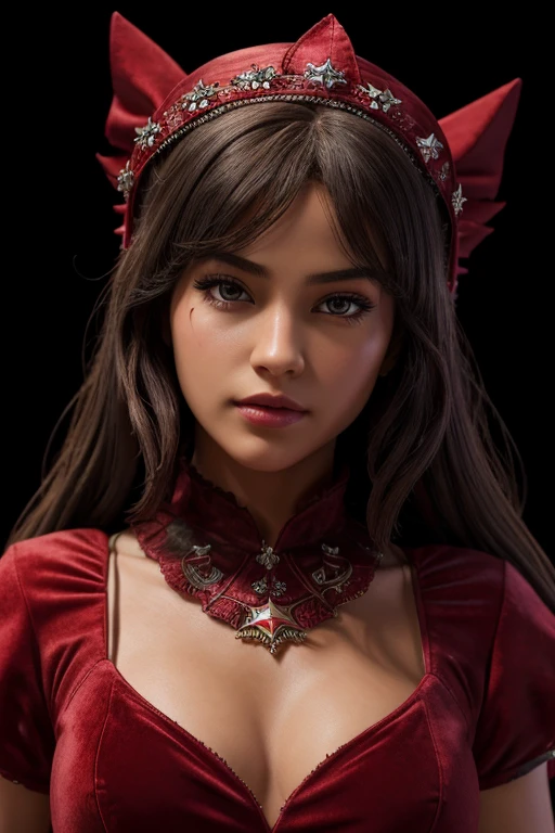 ((extreme detail)),(ultra-detailed), extremely detailed CG unity 8k wallpaper, velvet, figurine, red hood, crop top, star headdress, puffy sleeves, lips, looking away, close-up, head turn, black background