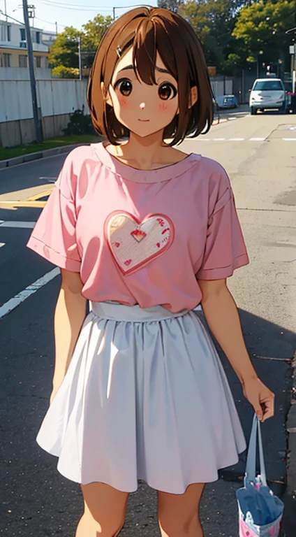 1girl, ​Hirasawa Yui, masterpiece, top-quality, top-quality, High Details, Twin-yellow hairpin, brown hair, brown eyes, pink tee, short slevved tee' yellow skirt, white skirt, short hair, daytime, outdoors, smling, HDR, (((up chest))).