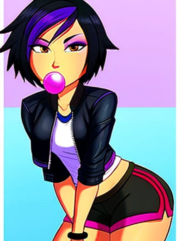 gogotomago, 1girl, solo, short hair, black hair, jewelry, jacket, lo purple hair, shorts, bracelet, makeup, casual, cropped jacket, leggings, sleeves pushed up, capri pants, black leggings, brown eyes, medium breasts, (blowing bubble gum),
