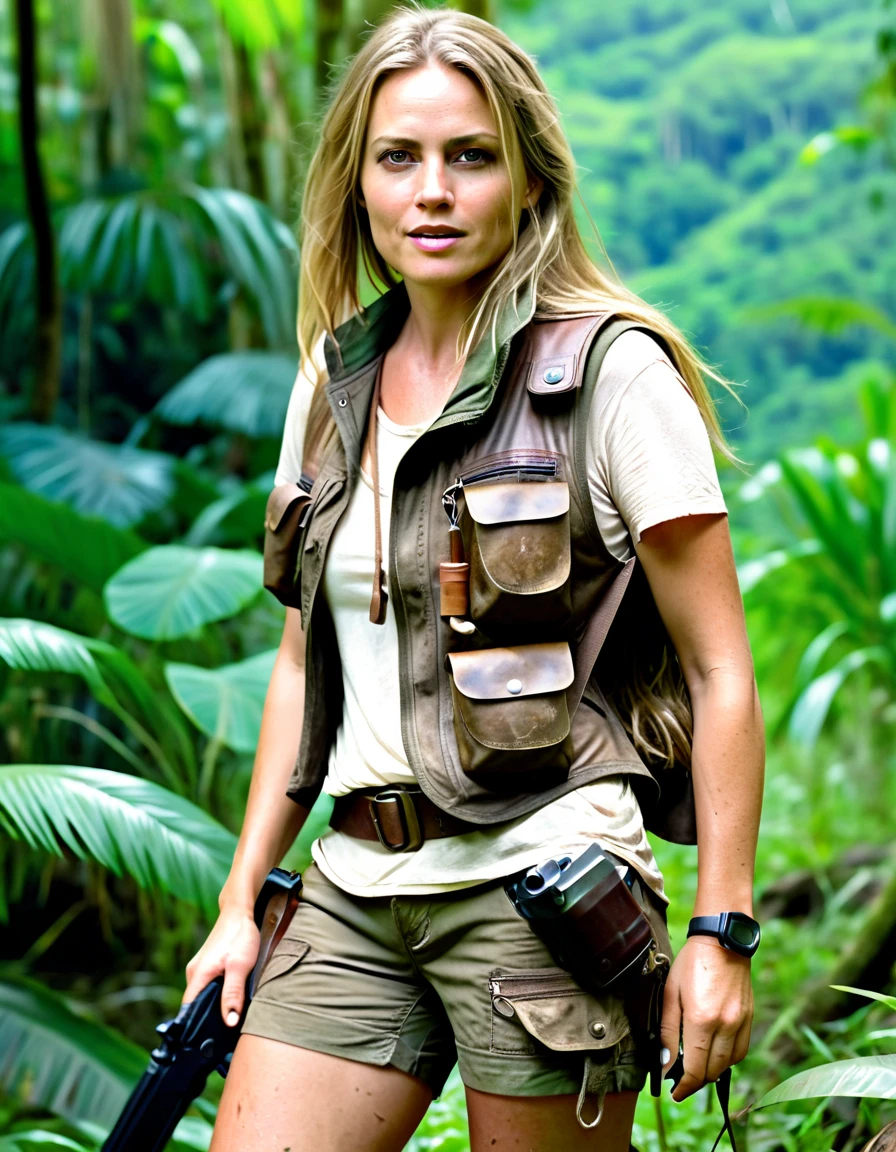 photorealistic woman, age 40, european,very long dirty blonde hair,muddy skin, olive top, khaki shorts, ankle brown leather boots, explorer vest,weapon holster, in jungle meadow landscape, raw photo cinematic material, masterpiece, wideview, high detailed
