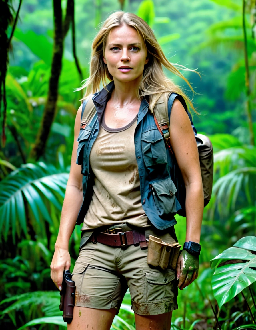 photorealistic woman, age 40, european,very long dirty blonde hair,muddy skin, olive top, khaki shorts, ankle brown leather boots, explorer vest,weapon holster, in jungle meadow landscape, raw photo cinematic material, masterpiece, wideview, high detailed