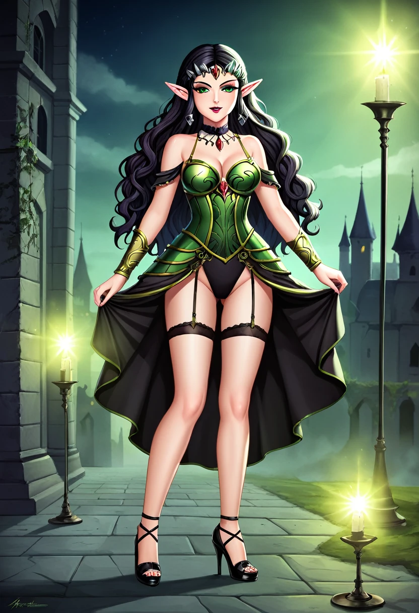 Dark fantasy art, fantasy art, goth art,  a picture of the elf Princess Zelda as vampire, exquisite beauty, full body shot, dark glamour shot, pale white skin, blond hair, long hair, wavy hair, (glowing green: 1.3) eyes, she  wears a (green: 1.3) intricate armor, thigh high heels, , ArmoredDress, the roses are imprinted on the dress (black: 1.4)  black roses betmd, high heells, dark castle porchm, dark, black and colorm, Dark Art Painting Style