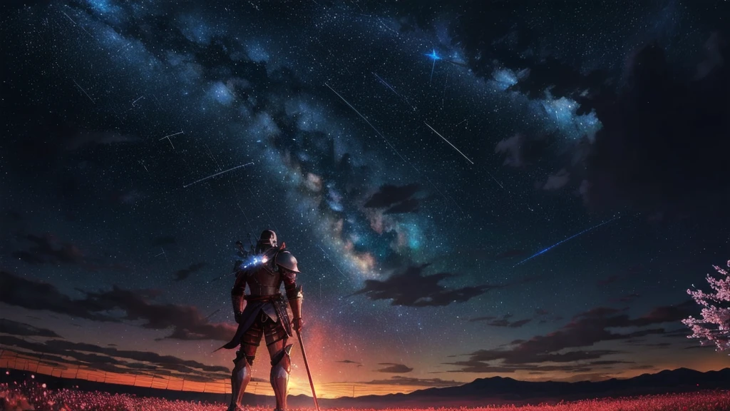 1man, distant man wearing a crusader armour staring at the stars, (zoomed out:1.1), (meteor shower:1.2), (comet:1.1), your name, low angle, from behind, aroura borealis, shooting star, yukata, red armour, cherry blossoms, standing in a field,best quality, masterpiece, cloud,colorful, starry,stars,