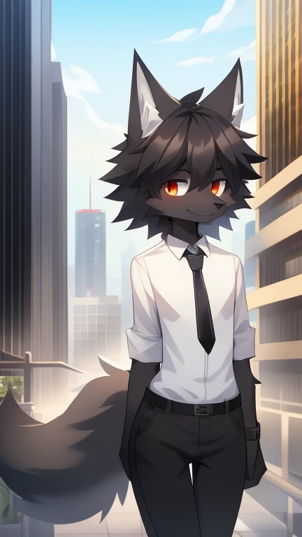 Best quality, Super detailed illustration, (fluffy wolf boy:1.4), (matte black fur color:1.4), disheveled thick hair, dressed in a white shirt , tie, black pants , shy smile, small hips, Slim, Perfect body, long demon tail, black name tag, city, day
