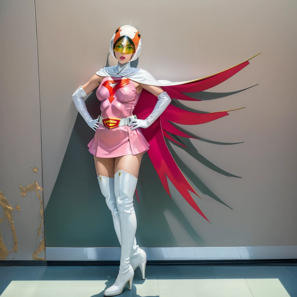 ANI_CLASSIC_jun_gatchaman_ownwaifu,1girl, 15 years old,good anatomy, masterpiece, best quality,realistic, hyperrealistic, 16k hdr,breasts,green eyes,lips,large breasts,lipstick,makeup,gloves,cape,helmet,belt,elbow gloves,white gloves,mask,ultra miniskirt,leotard,spacesuit,white tight overknee highheels boots,pink dress,superhero,bodysuit,cleavage,erected nipples,((stand pose,hands on hip,view from below)),cameltoe