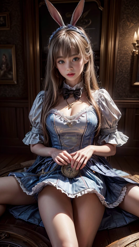 4K, Realistic,Very detailed,Rabbit costume,Bunny girl、Big Breasts、Soft Theme,Age 25、smile、((Spread your legs))、(((Alice in Wonderland World)))、((I have a pocket watch))、(Wear a black tuxedo)、((Delicate painting))，(Detailed RAW photos of girls), (Masterpiece:1.25), (Highest quality:1.6), (Ultra-high resolution:1.5), (Realistic:1.75), 8K resolution,:1.6),  Canon EOS R5, 50mm,Very detailedな,Cinema Lighting、