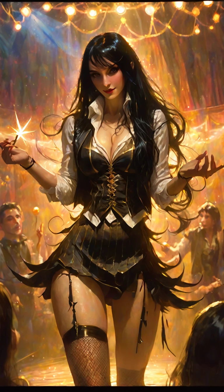 magician girl, long black hair, vest, cleavage, miniskirt with fishnet stockings, magic wand, performs a magic show on a stage for a large audience, dark, magic, fantasy, (art inspired by Bill Sienkiewicz, intricate details, oil painted )