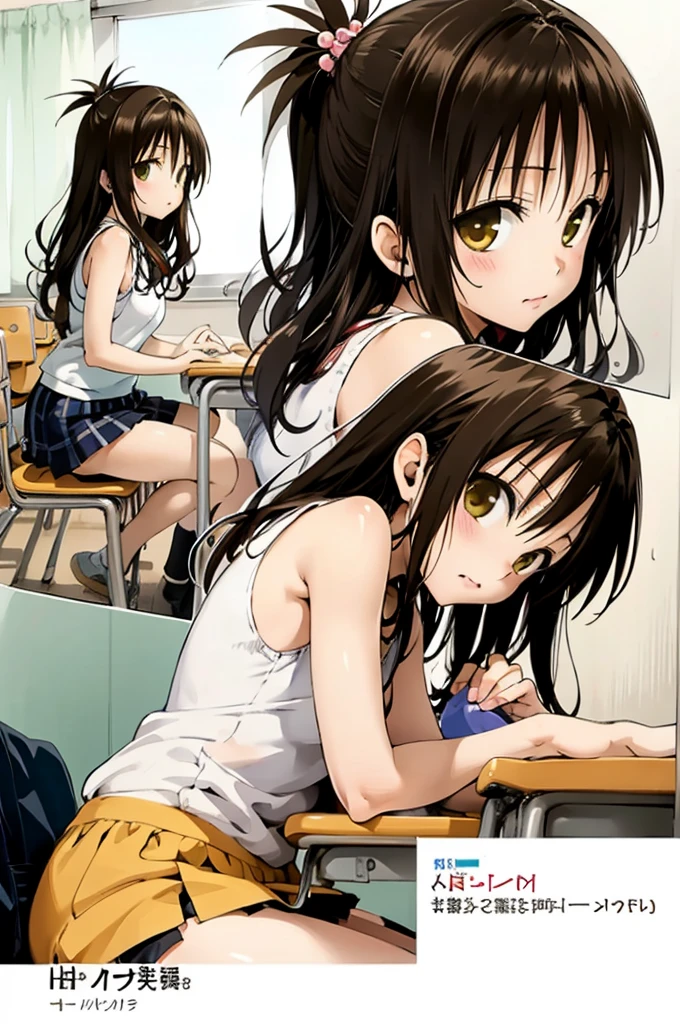 1girl,solo,yuuki mikan,, ,brown hair,, ,1girl,,,classroom,,looking viewer,,panties,ass,from back,miniskirt