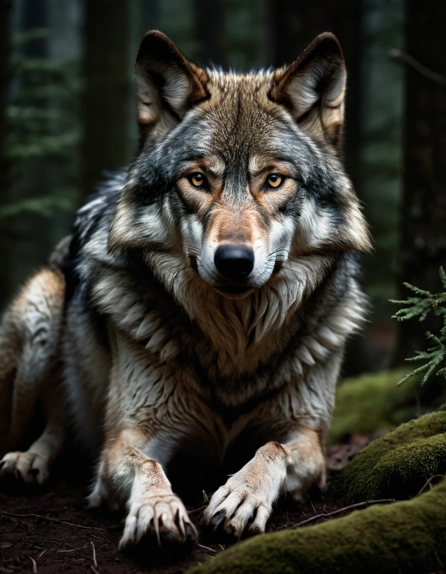 closeup award winning photo of wolf, perfect environment, extremely detailed, dark shot