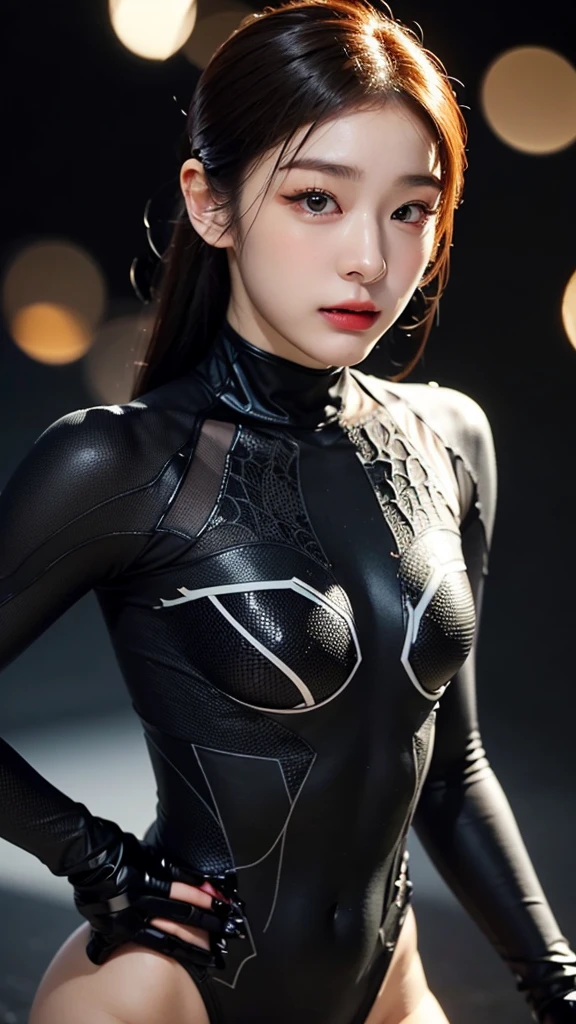 masterpiece, 1 Korean girl,realisticlying,8K UHD,high high quality,in the background bokeh, white and black spider-man suit,Spidey,Clothes wrap around the whole body,Tight clothing,Abs contour,Short black hair,s the perfect face,shining face,Ultra-clear face,Elaborate Eyes,idoly