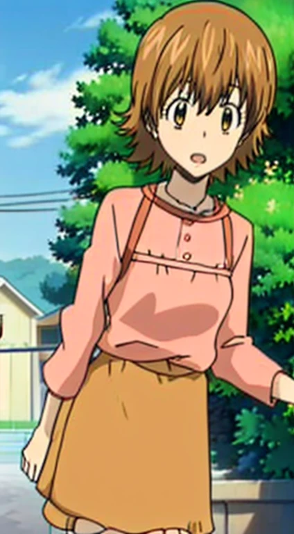 kyoko1, 1girl, short hair, brown hair, pink striped dress, brown eyes, Masterpece, look at the views,Masterpece, ((masterpiece: 1.2)), smling, garden, outdoors, head band, shose, longe sleves,