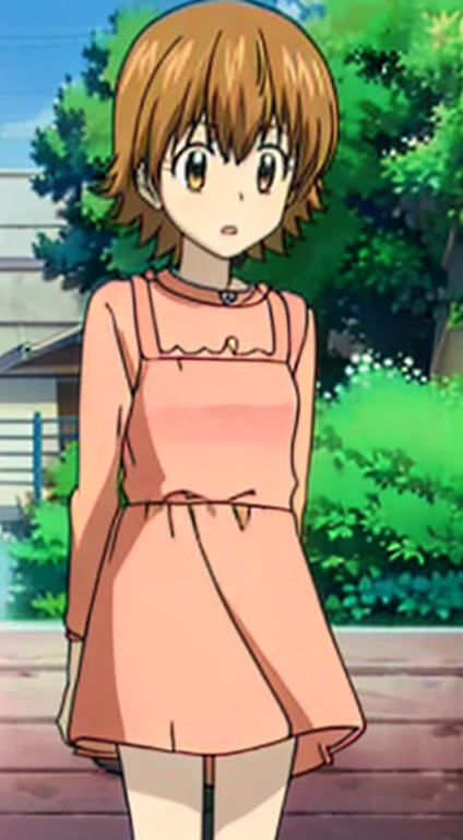 kyoko1, 1girl, short hair, brown hair, pink striped dress, brown eyes, Masterpece, look at the views,Masterpece, ((masterpiece: 1.2)), smling, garden, outdoors, head band, shose, longe sleves,