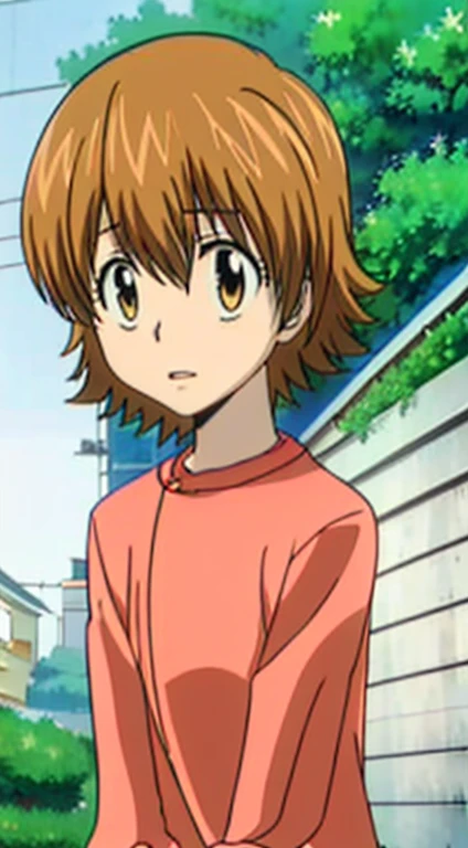 kyoko1, 1girl, short hair, brown hair, pink striped dress, brown eyes, Masterpece, look at the views,Masterpece, ((masterpiece: 1.2)), smling, garden, outdoors, head band, shose, longe sleves,