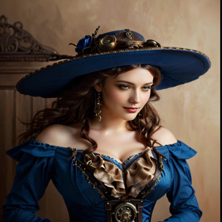 A photorealistic close up of a beautiful woman wearing a steampunk style blue hat and dress, beautiful character painting,  stunning character art, digital art of an elegant, elegant digital painting, steampunk digital photo