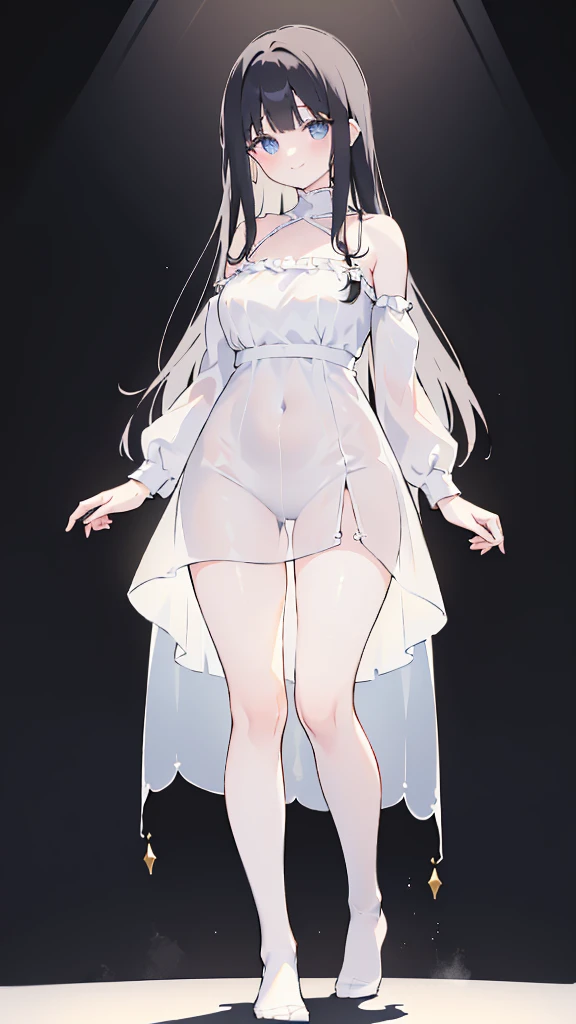 masterpiece, 8K, Detailed face, best quality, Must be created as described,  (1 girl, alone, 20 years old, 158cm), (Black hair, long hair, Straight Hair, Bangs), (innocent, Big blue eyes like diamonds), (fair skin, thin waist, long legs), (Dress simply,Fitted pure white dress, spaghetti straps, Low-cut style), (The dress is light and translucent, Dress has no sleeves, 只有spaghetti straps), (Wearing white socks, No shoes), (Show your thighs, Show your arms, You should be able to see the curve of your thighs, Highlight your figure), (The expression looks shy, but with a smile), (light black background, Full body portrait, Stand Up Straight, symmetry)