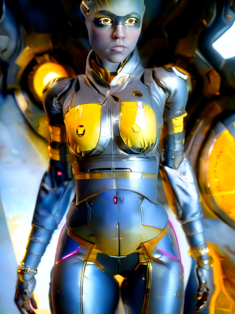 1 girl, solo, (look at viewer), ((Best quality)), ((masterpiece)), (detailed:1.4), ((upper body)), 3D, an image of a beautiful cyberpunk female,HDR (High Dynamic Range), Ray Tracing,NVIDIA RTX,Super-Resolution,Unreal 5,Subsurface scattering,PBR Texturing,Post-processing,Anisotropic Filtering,Depth-of-field,Maximum clarity and sharpness,Multi-layered textures,Albedo and Specular maps,Surface shading,Accurate simulation of light-material interaction,Perfect proportions,Octane Render,Two-tone lighting,Wide aperture,Low ISO,White balance,Rule of thirds,8K RAW, (((yellow eyes))), (((liquid metal black short hair))), PEEBEE, (dark skin:1.2), yellow eyes,,, medium breasts, yellow bodysuit, belt, (( gold/silver amor))
